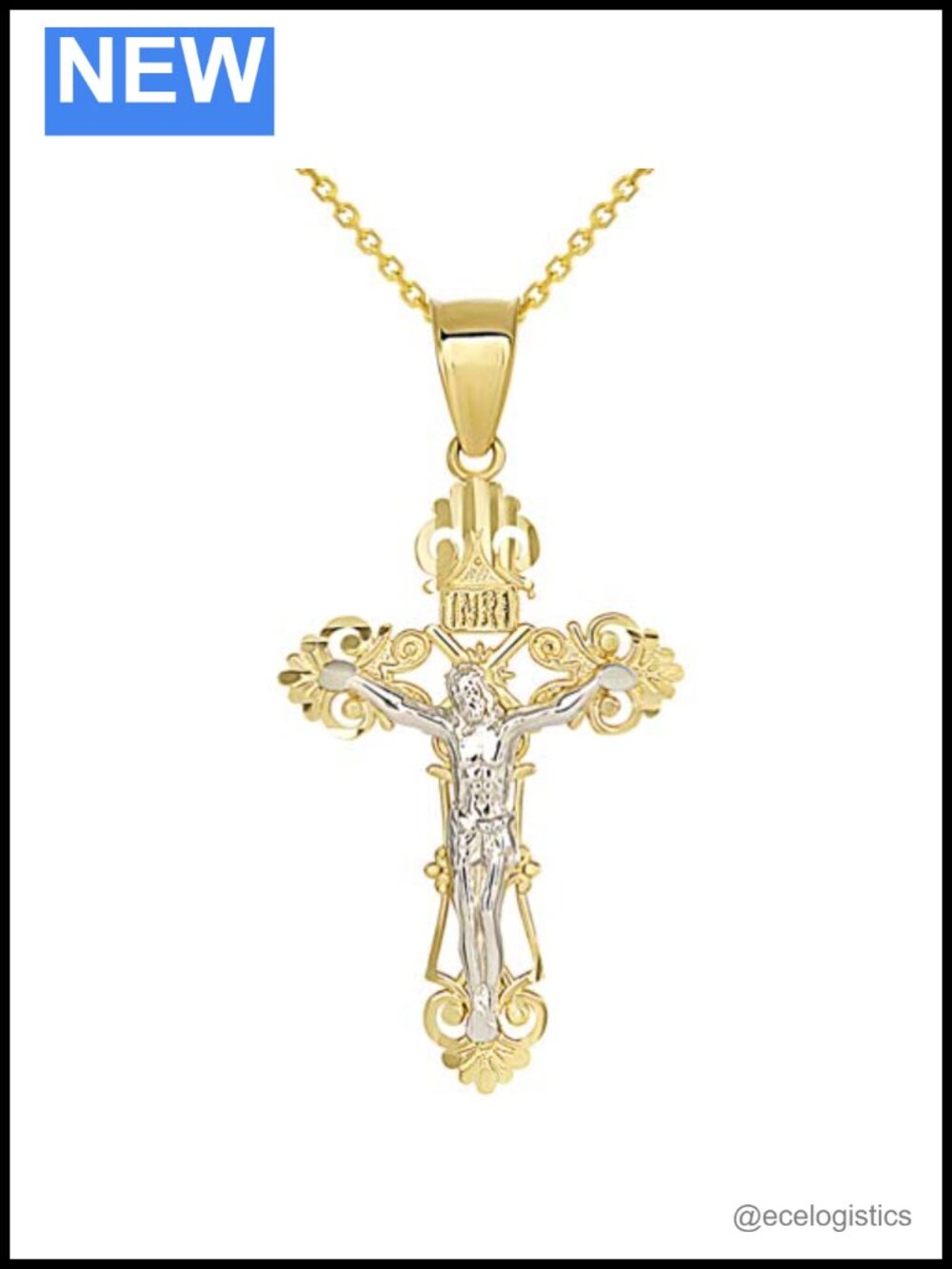 14K Two-Tone Gold Roman Catholic Cross Crucifix Pendant Necklace